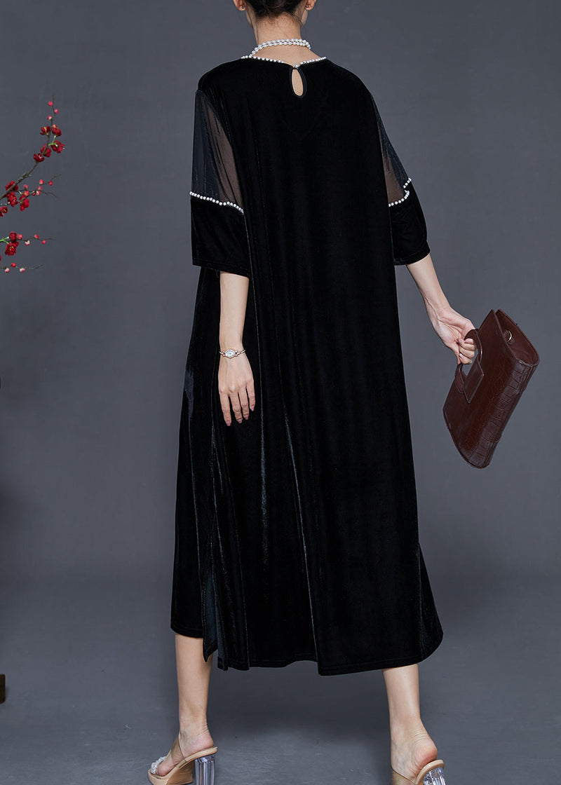 Black Oversized Patchwork Nail Bead Silk Velour Dress Spring