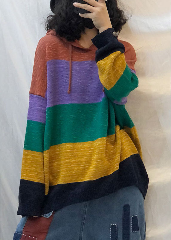 Fitted Rainbow Hooded Drawstring Striped Fall Knit Sweaters