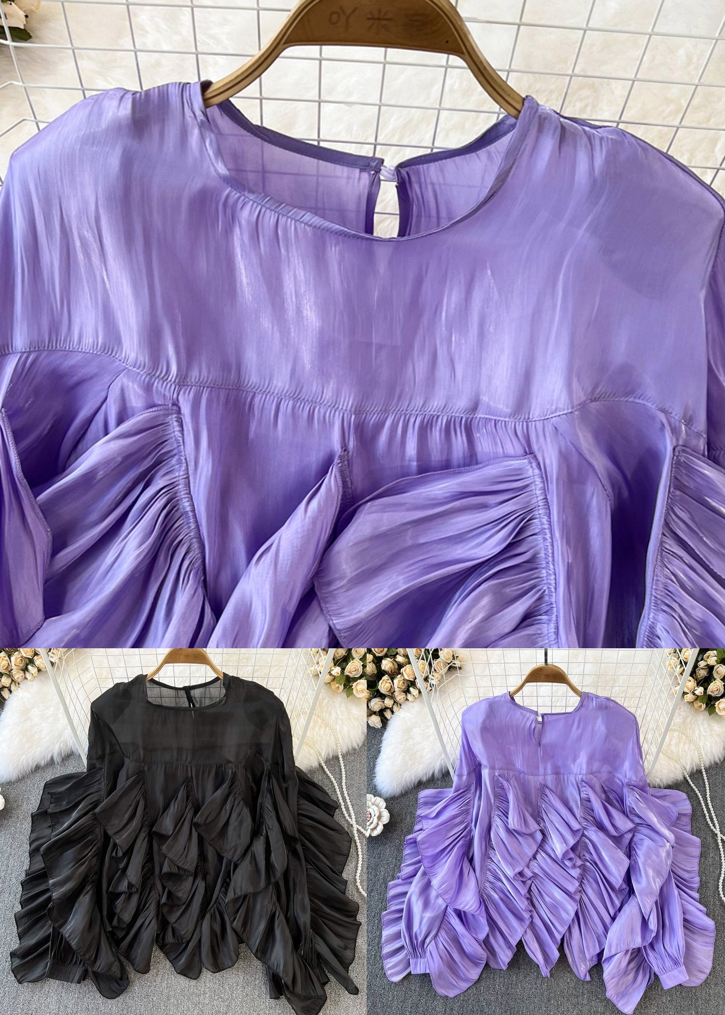 Black O-neck Ruffled Patchwork Button Silk Top Long Sleeve Spring