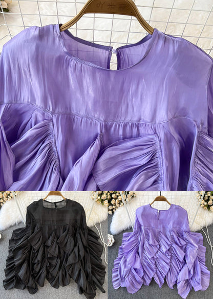 Black O-neck Ruffled Patchwork Button Silk Top Long Sleeve Spring