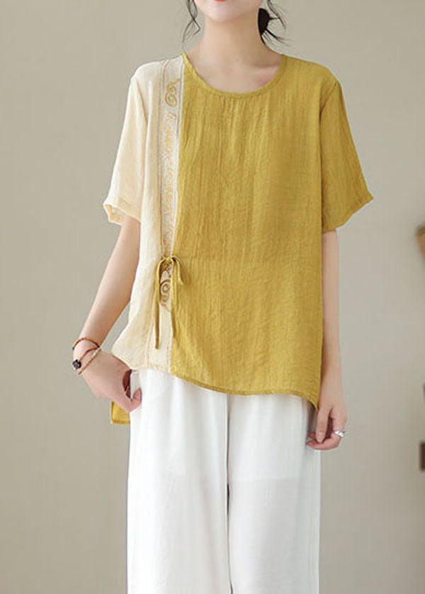 Yellow Embroideried Patchwork Cotton Shirt Top Summer