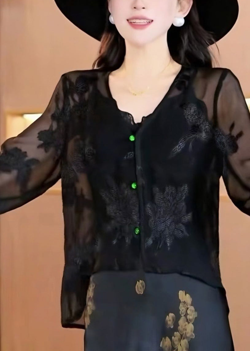 Black V Neck Jacquard Chiffon Top Fall