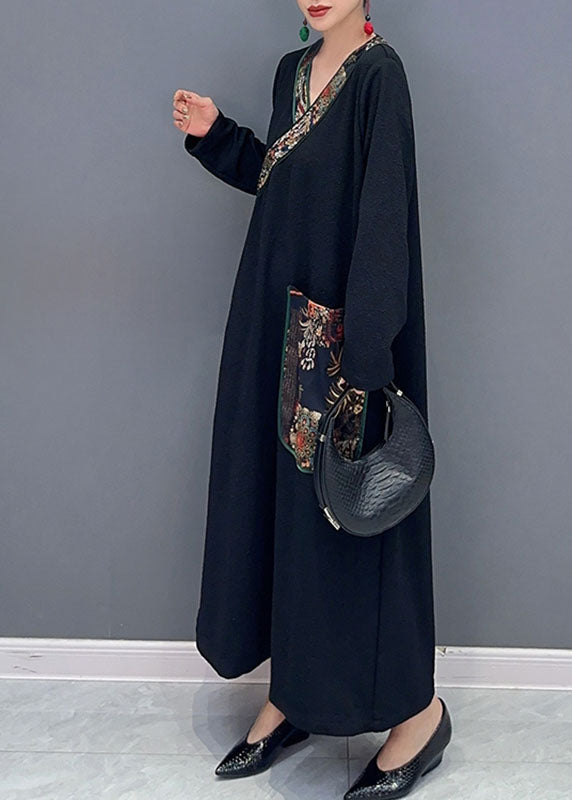 Black V Neck Print Patchwork Long Dress Fall