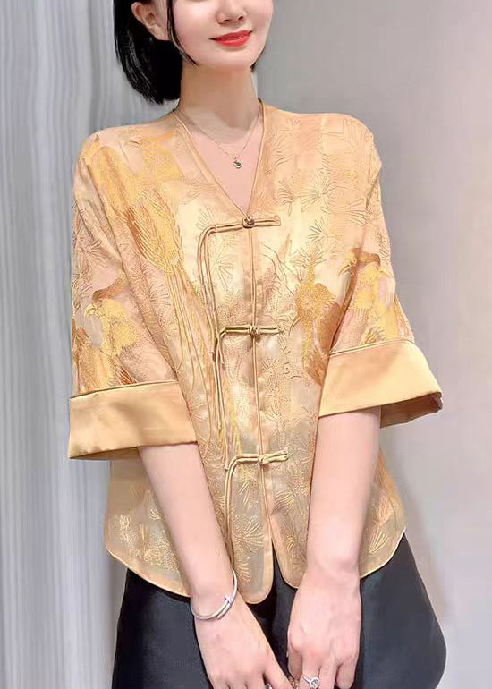 White Embroidered Button Silk Blouse Summer
