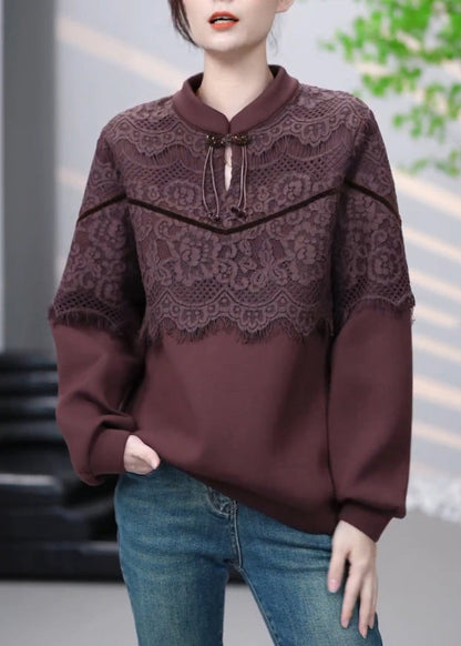 Brown Lace Patchwork Cotton Sweatshirt Winter