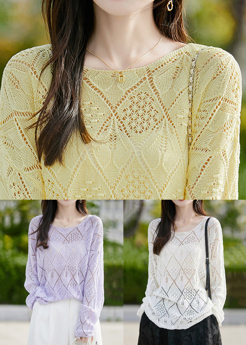 White O Neck Hollow Out Thin Knit Sweater Fall