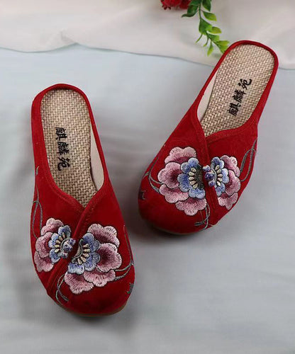 White Wedge Cotton Fabric Embroidery Slide Sandals