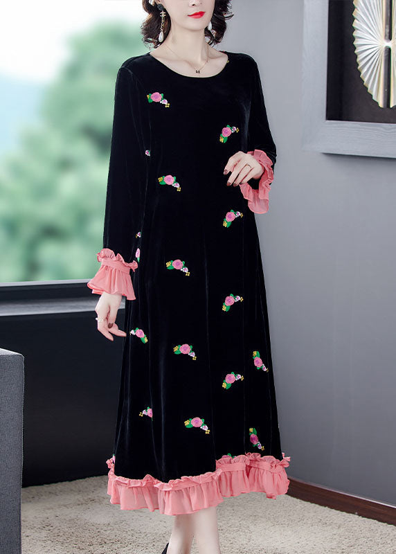 French Black Embroideried Velour Dress Spring