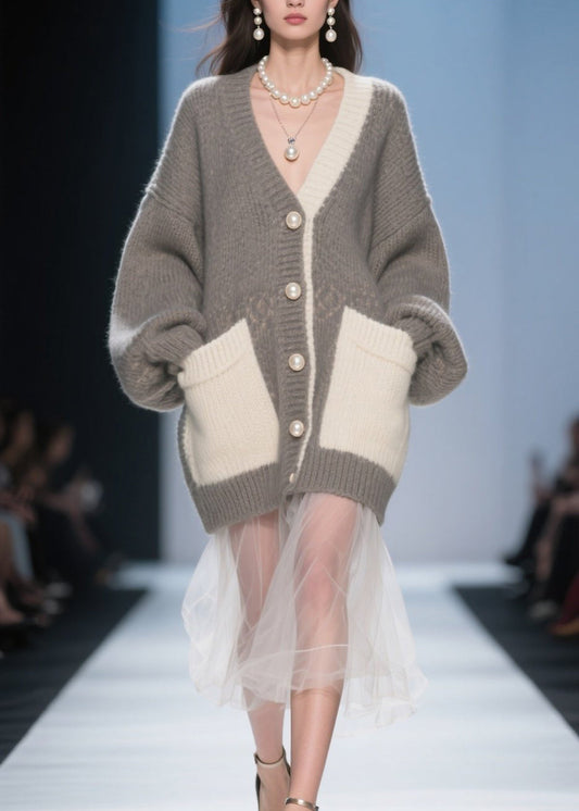 Classy Grey Pockets Tulle Patchwork Knit Cardigan Fall