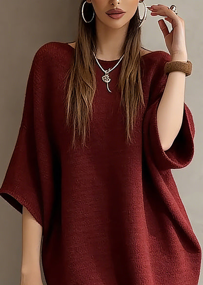 Red Slash Neck Knit Sweater Dress Batwing Sleeve Spring