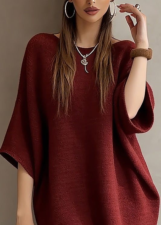 Red Slash Neck Knit Sweater Dress Batwing Sleeve Spring