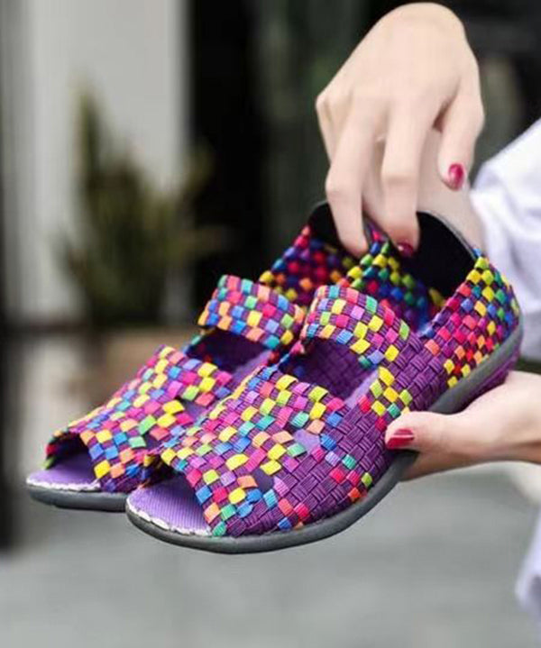 Knit Fabric Flat Shoes for Purple Splicing Peep Toe Soofairy Shoes-20251