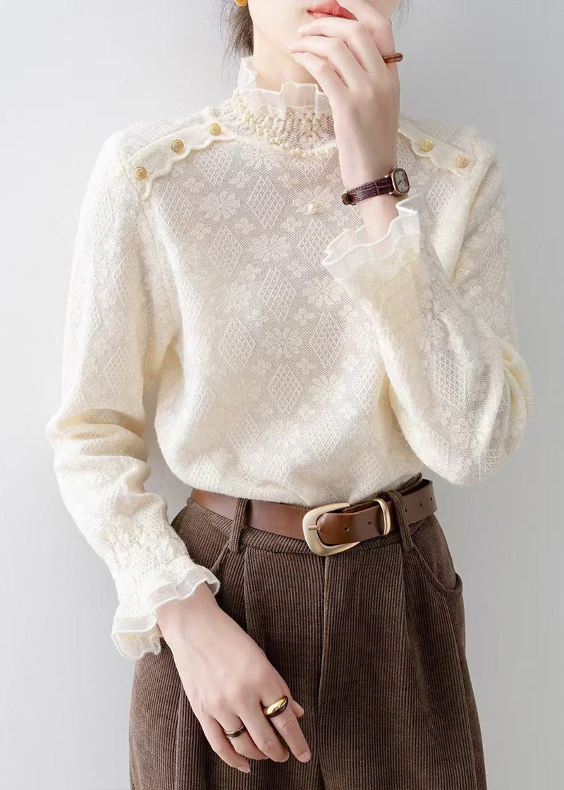 Apricot Stand Collar Jacquard Lace Shirt Top Spring