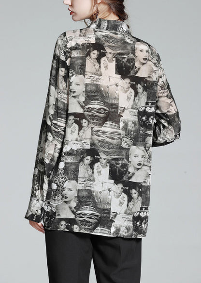 Black Peter Pan Collar Print Button Silk Shirt Long Sleeve