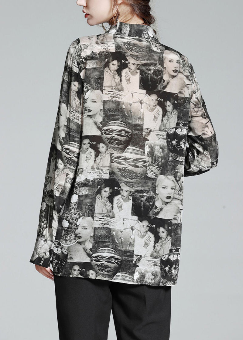 Black Peter Pan Collar Print Button Silk Shirt Long Sleeve