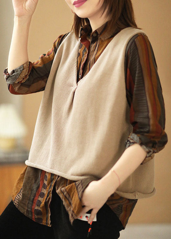Beige Loose V Neck Fall Sleeveless Waistcoat