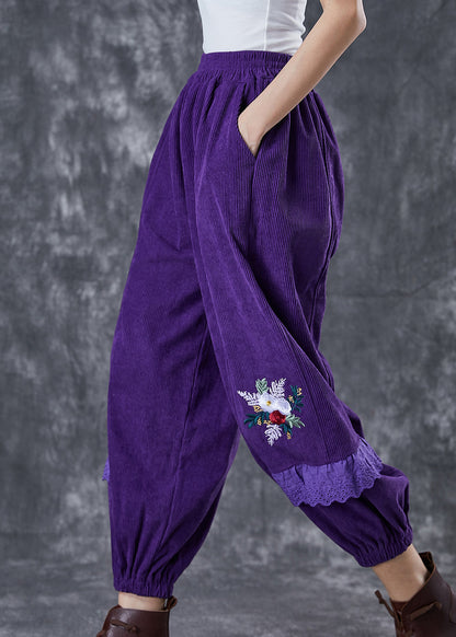 Dull Purple Embroideried Patchwork Corduroy Pants Fall