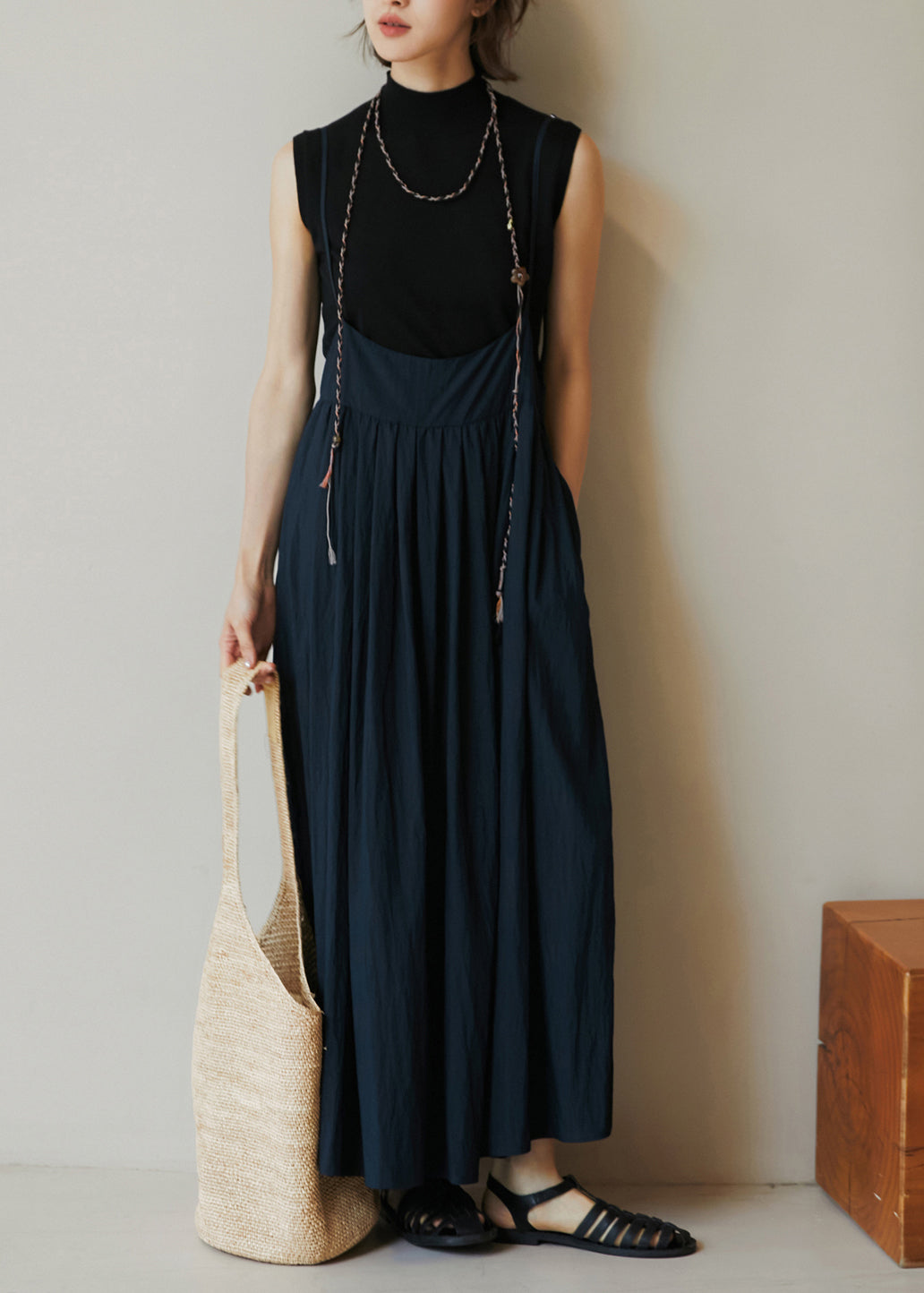 Navy Pockets Wrinkled Cotton Spaghetti Strap Dress Summer