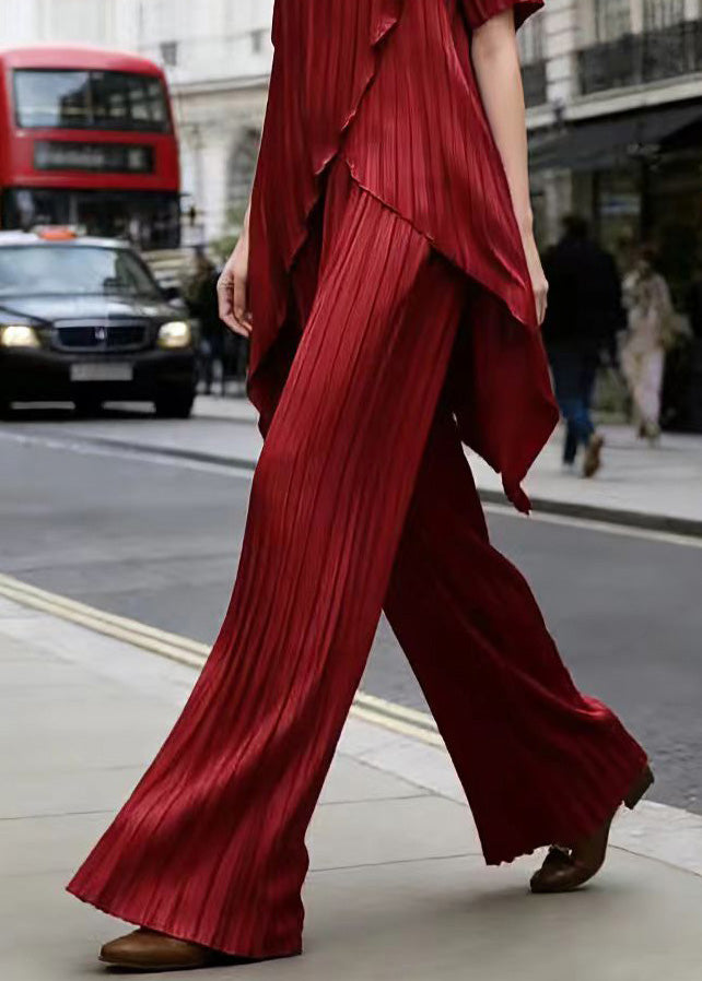 Red Asymmetrical Top and Pants Silk Two Pieces Set Summer