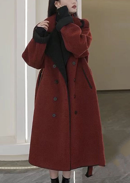 Rust Tie Waist Pockets Patchwork Thick Woolen Coats Winter