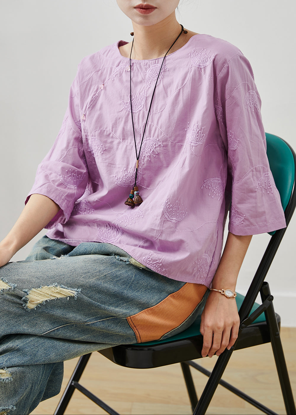 Purple Cotton Top O-neck Embroidered Summer