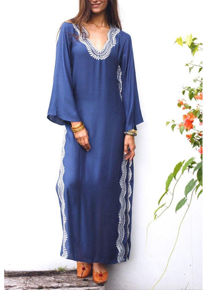 Classy Blue Embroideried Oriental Beach Gown Mid Summer Cotton Dress