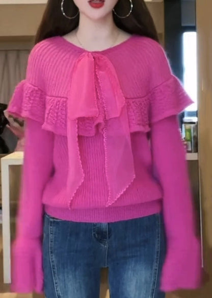 Rose O-neck Bow Cozy Cotton Knit Sweaters Flare Sleeve