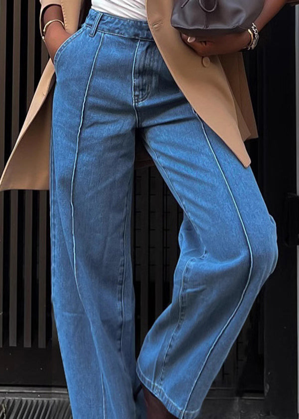 Blue Pockets High Waist Versatile Denim Pants Spring