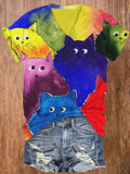 Watercolor Rainbow Cats Print V-neck T-shirt elevenforest