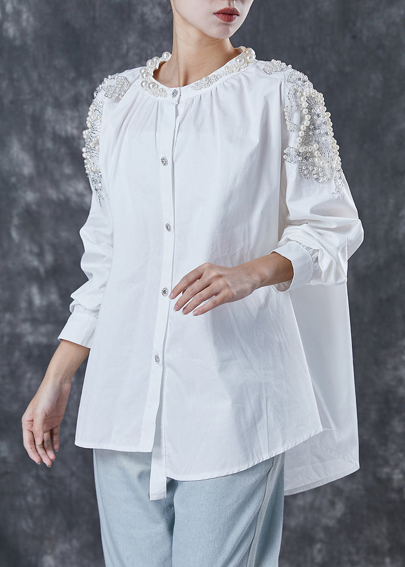 White Oversized Nail Bead Cotton Shirts Spring