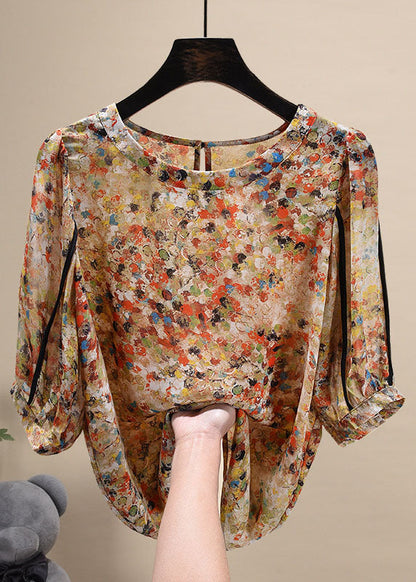 Style Khaki Print O-neck Patchwork Button Chiffon Blouse Tops Short Sleeve