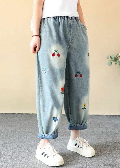 Blue Cherry Embroidered Elastic Waist Crop Harem Jeans Summer
