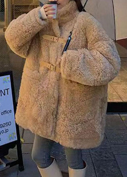 Camel Buckle Strap Patchwork Faux Fur Jacket Winter