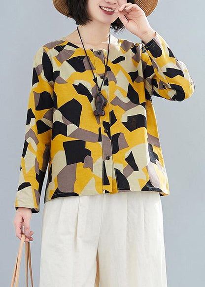 French O Neck Button Down Shirts Inspiration Yellow Geometric Top