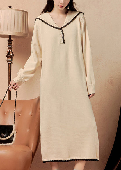 Beige Sailor Collar Button Knit Dress Winter