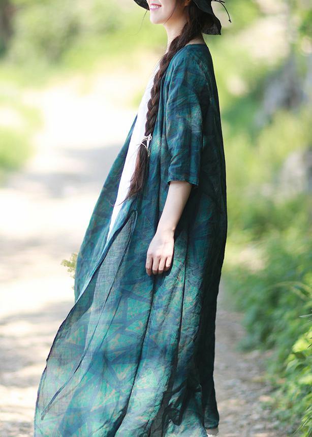 Natural V Neck Spring Quilting Clothes Blue Green Print Long Dresses