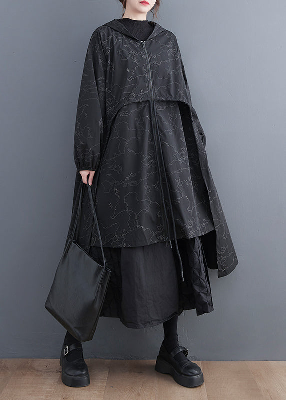 Vogue Black Asymmetrical Patchwork Print Zippered Tie Waist Hoodie Trench Coat Spring