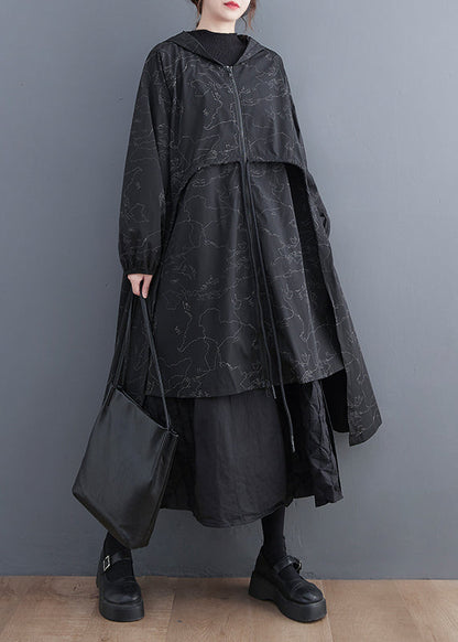 Vogue Black Asymmetrical Patchwork Print Zippered Tie Waist Hoodie Trench Coat Spring