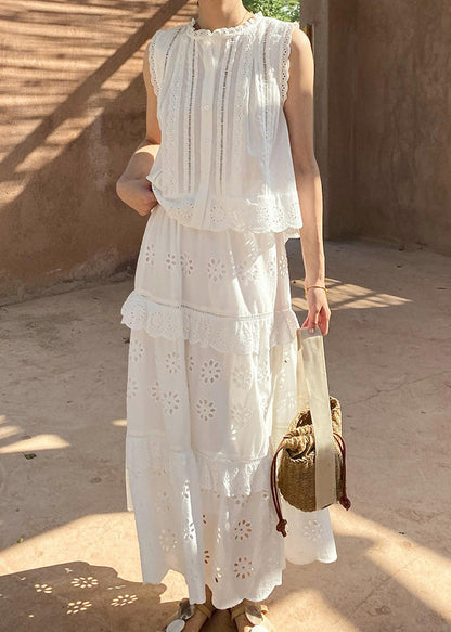 French White Hollow Out Blouses and Skirts Cotton Two Pieces Set Sleeveless