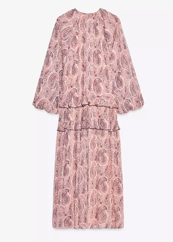 Pink V Neck Print Ruffled Chiffon Dresses Fall
