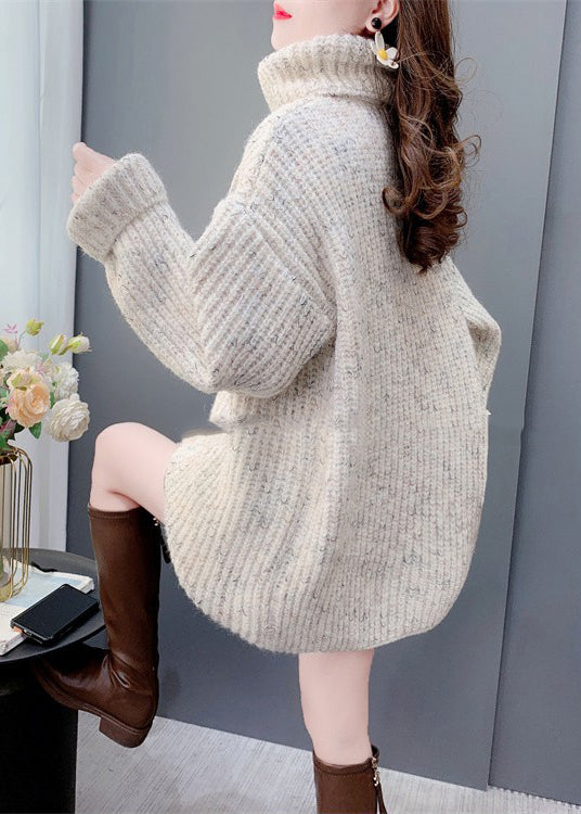 Beige Thick Knit Pullover Versatile Hign Neck Spring
