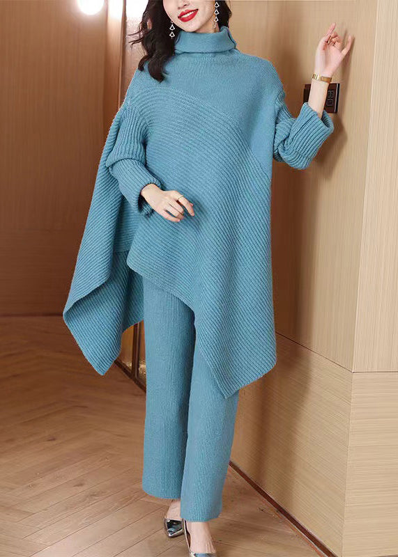 Loose Blue Turtleneck Knit Two Pieces Set Winter
