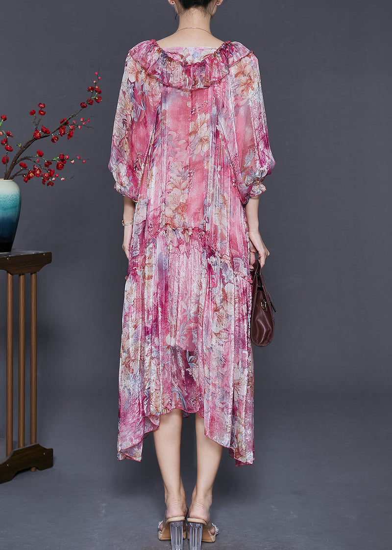 Rose Ruffles Print Silk Party Dress Spring