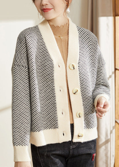 Striped V Neck Button Patchwork Knit Coats Fall
