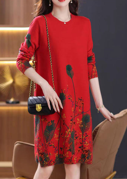 Red O Neck Print Knit Sweater Dress Fall