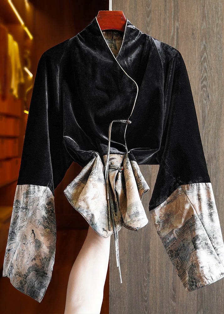 Black Tasseled Print Patchwork Silk Velour Coats Fall
