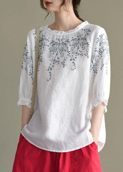 Handmade Navy Lantern Sleeve O-neck Embroideried Summer Ramie Blouses