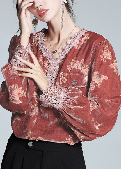 Red V Neck Print Lace Patchwork Silk Velour Top Spring