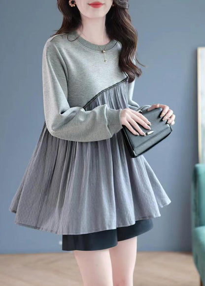 Grey O-neck Wrinkled Patchwork Sweatshirt Spring