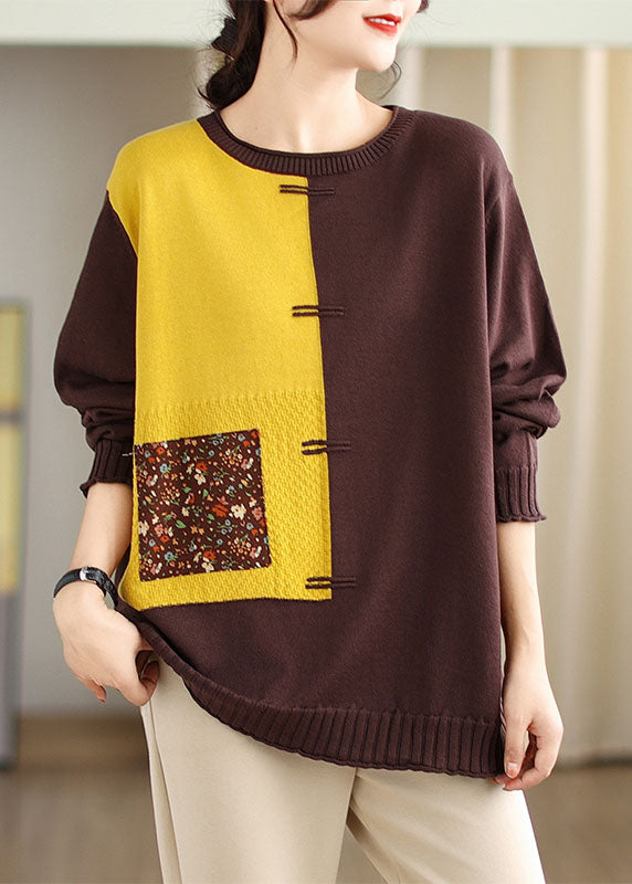 Yellow Print Patchwork Cotton Knit Sweaters Fall